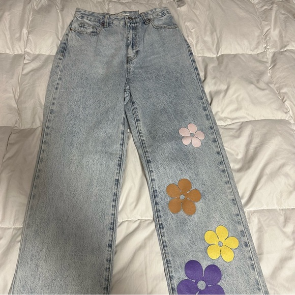 PacSun Denim - PacSun Blue and Pink Flare & Wide Leg Jeans with Artistic Floral Design